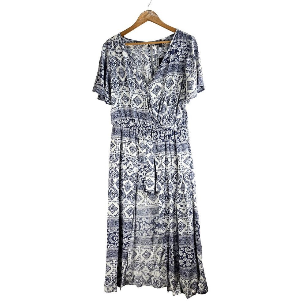 Romper Midi Dress Bule White Floral sz L by Hype Open Front Over Shorts Boho